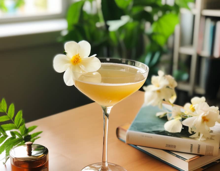 Un cocktail madeline avec une fleur sur une table.