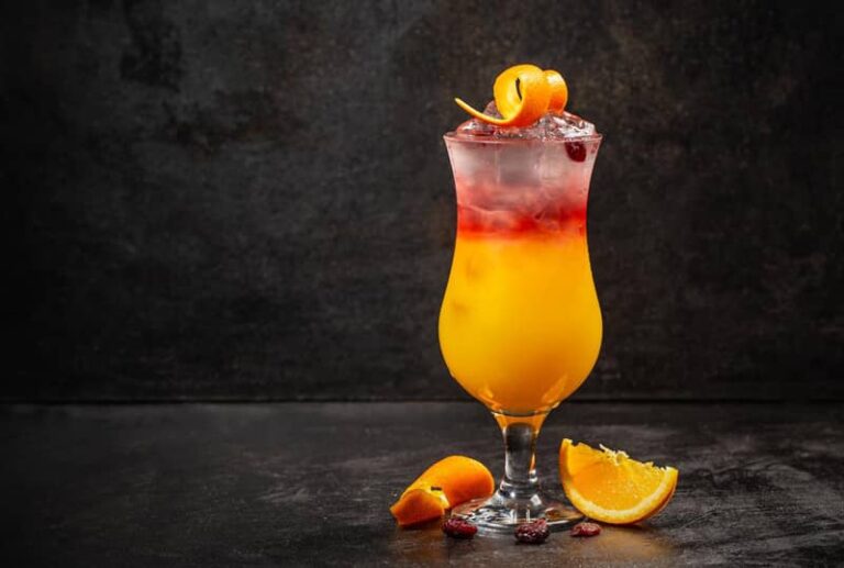 Un cocktail sex on the beach avec des tranches d'orange sur fond sombre.