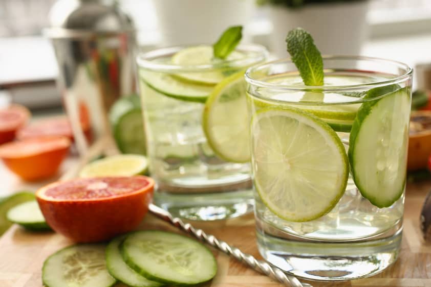 Deux verres de vodka avec des tranches de citron vert et de concombre.